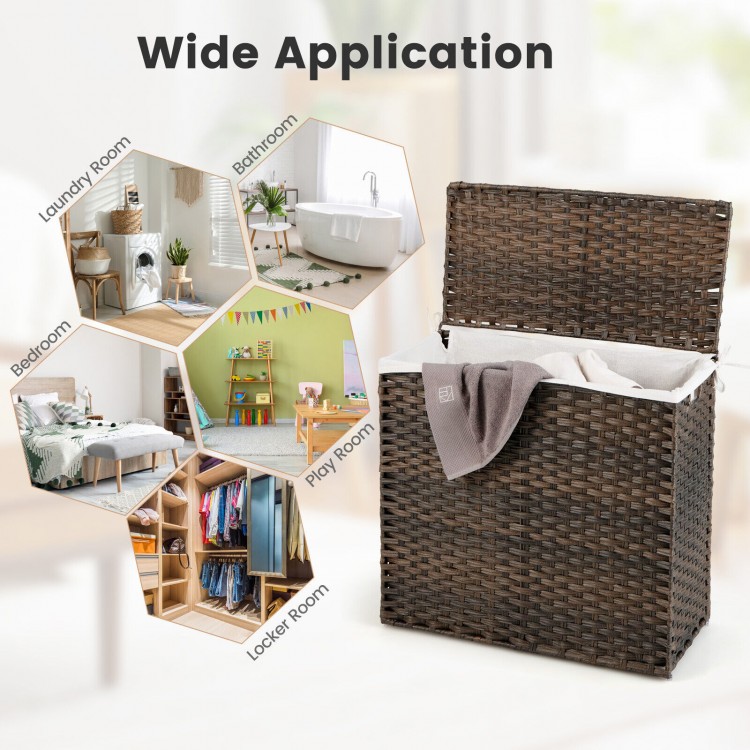 3-section brown laundry hamper with removable liner bag and handles, made of waterproof PE rattan for easy sorting.