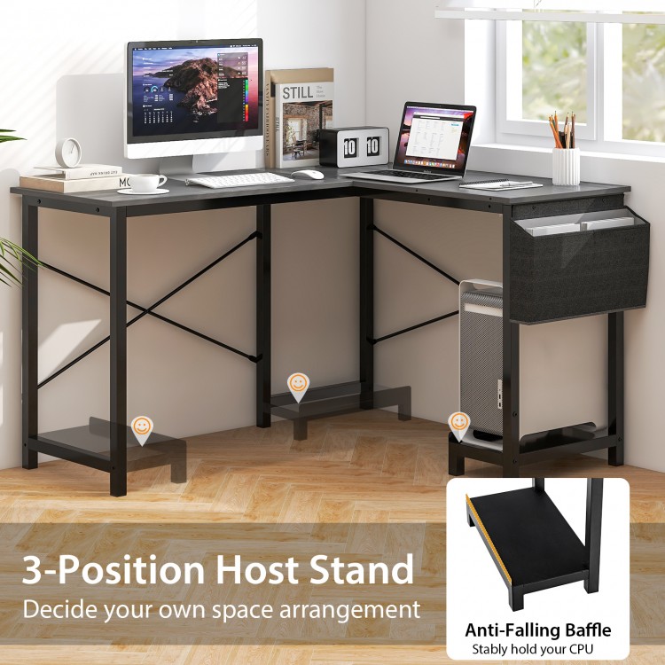 L-shaped modern reversible computer desk in dark gray with storage pocket and CPU stand for versatile workspace.