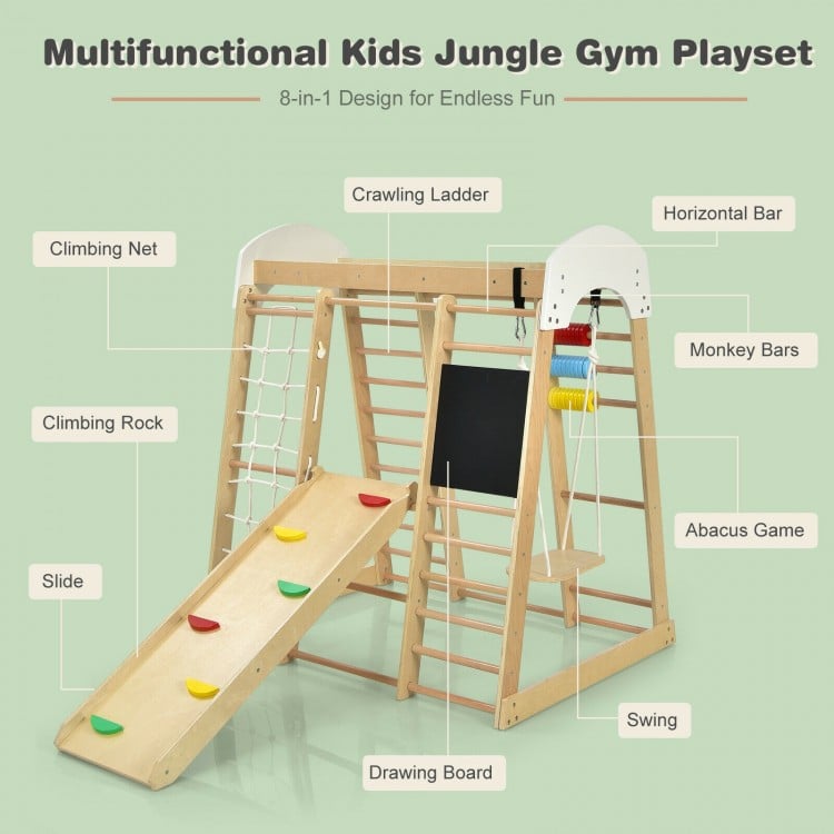 Multifunctional indoor playground climbing gym playset with slide, swing, and monkey bars for children's active play.