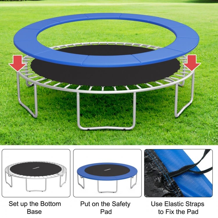 Blue trampoline safety pad with elastic straps for secure fit, made from tear-resistant material for all-weather use.