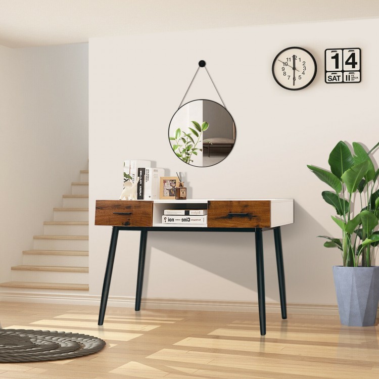 42-inch industrial console table with two drawers, featuring a sleek design for entryway or hallway storage.