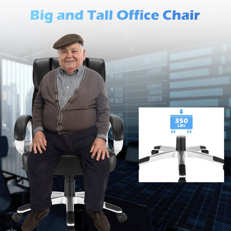 Big and tall adjustable high back leather office chair with ergonomic design, 350lbs capacity, and padded armrests.
