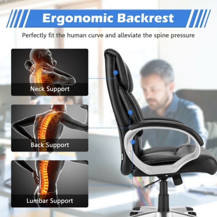 Ergonomic high back leather executive chair with neck and lumbar support, adjustable for ultimate comfort.