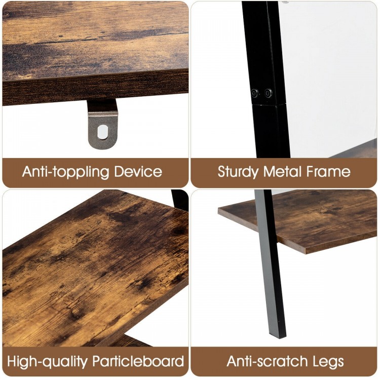 Close-up of the sturdy metal frame and high-quality particleboard of the 4-tier industrial leaning bookcase in brown.