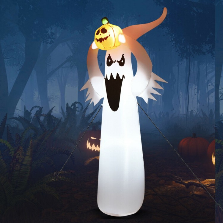 6-foot inflatable Halloween ghost with pumpkin and LED lights, designed for outdoor decor and easy installation.