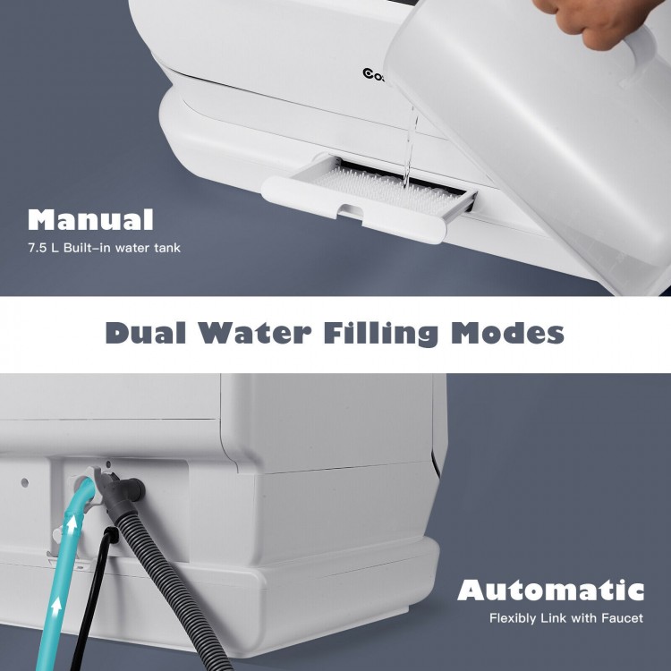 Close-up of the portable countertop dishwasher showing dual water filling modes and 7.5L built-in water tank.