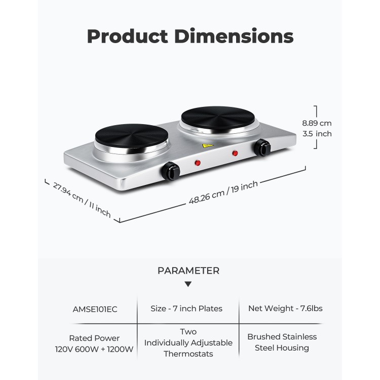 Double hot plate electric countertop burner with stainless steel housing, featuring two adjustable thermostats for.
