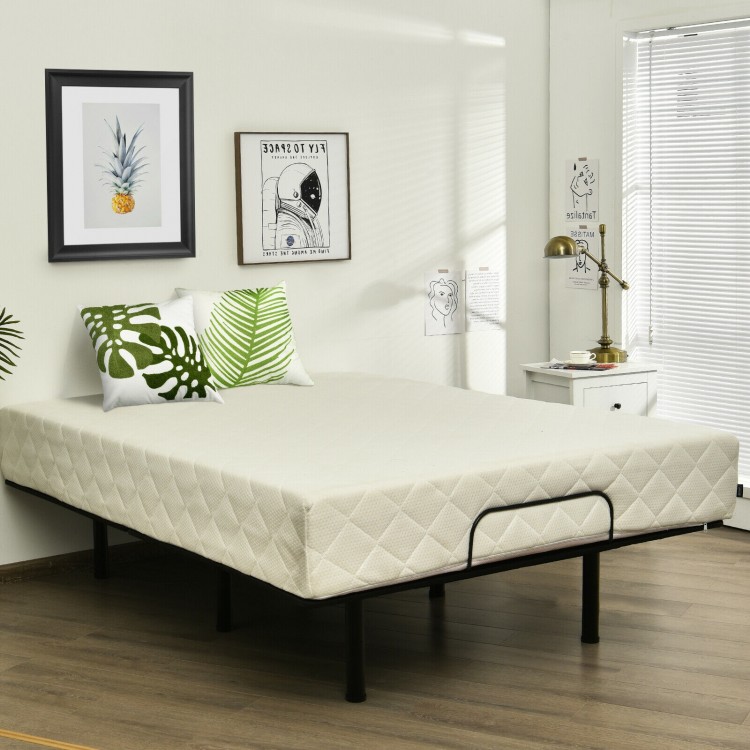 Adjustable queen size bed base frame in a minimalist bedroom setting, showcasing heavy-duty steel and wireless remote.