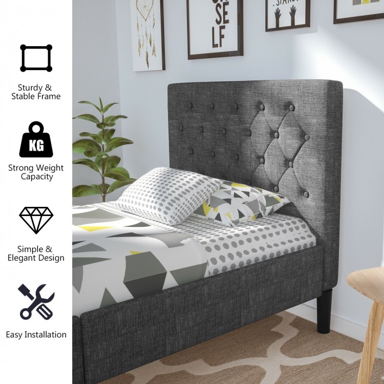 Upholstered bed base with button-stitched headboard, sturdy steel frame, and 10 solid wood slats for enhanced support.