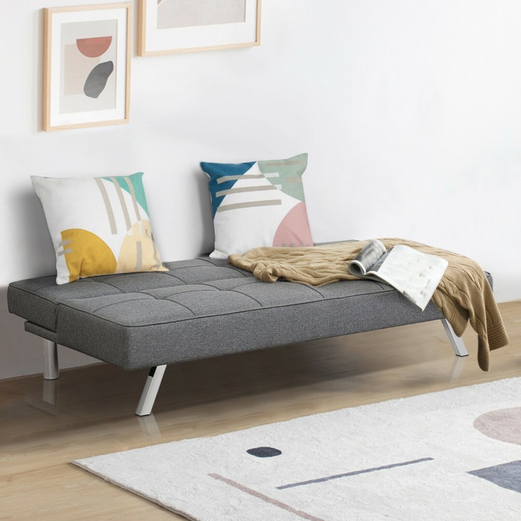 3-seat convertible sofa bed in gray linen fabric with adjustable angles, perfect for small apartments and versatile use.