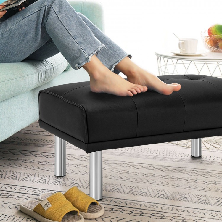 Black tufted ottoman with stainless steel legs, perfect as a footrest or shoe bench in living room or bedroom.