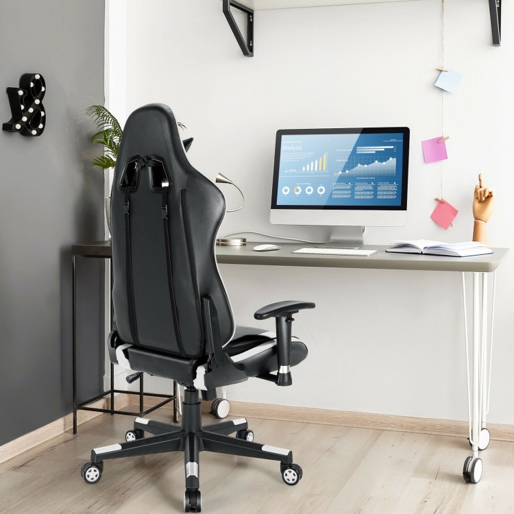 Ergonomic gaming chair in black with adjustable height and backrest, perfect for gaming or office use.