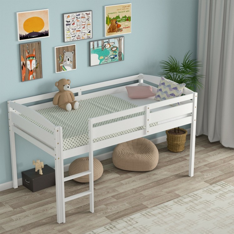 Wooden twin low loft bunk bed in white with guard rail, ladder, and under-bed storage for kids' rooms.
