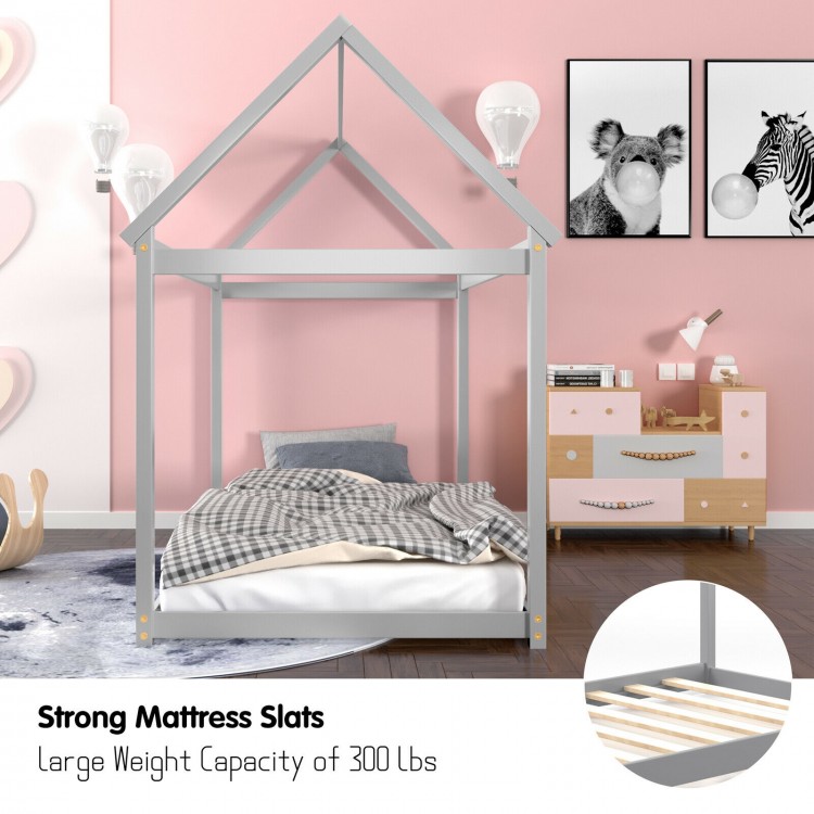 Gray kids platform floor bed with roof and strong mattress slats, supporting up to 300 lbs for stability and durability.