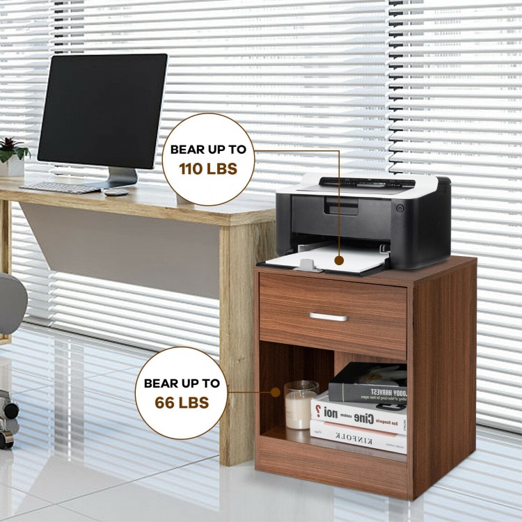 Modern brown nightstand with storage drawer and open compartment, perfect for bedside or living room use.