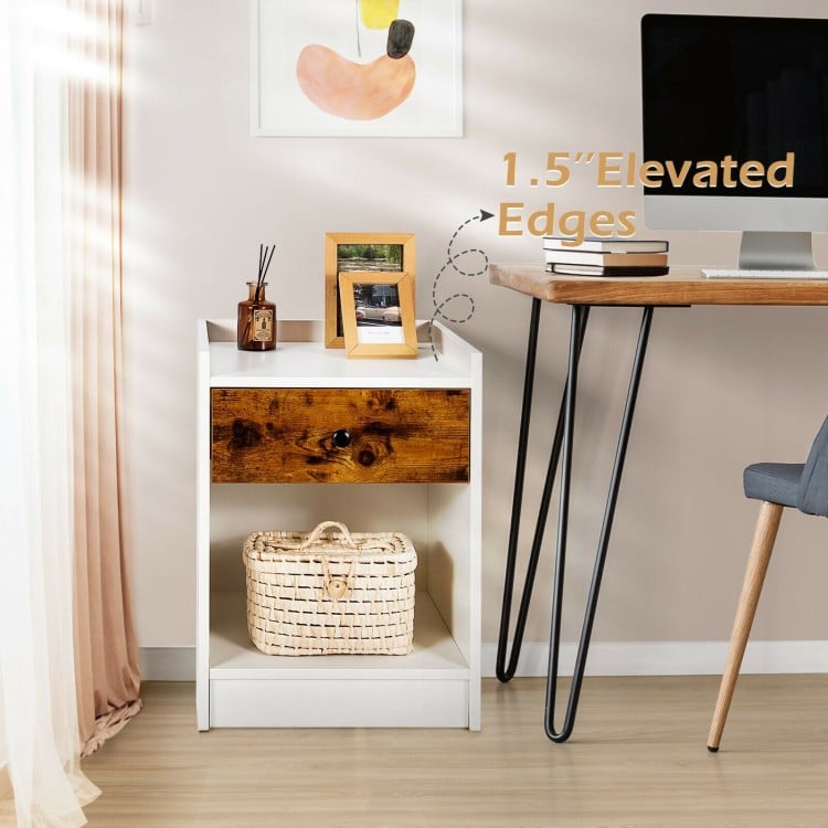 Nightstand with raised top and drawer, featuring a white finish and wood accents, ideal for modern bedrooms or living.