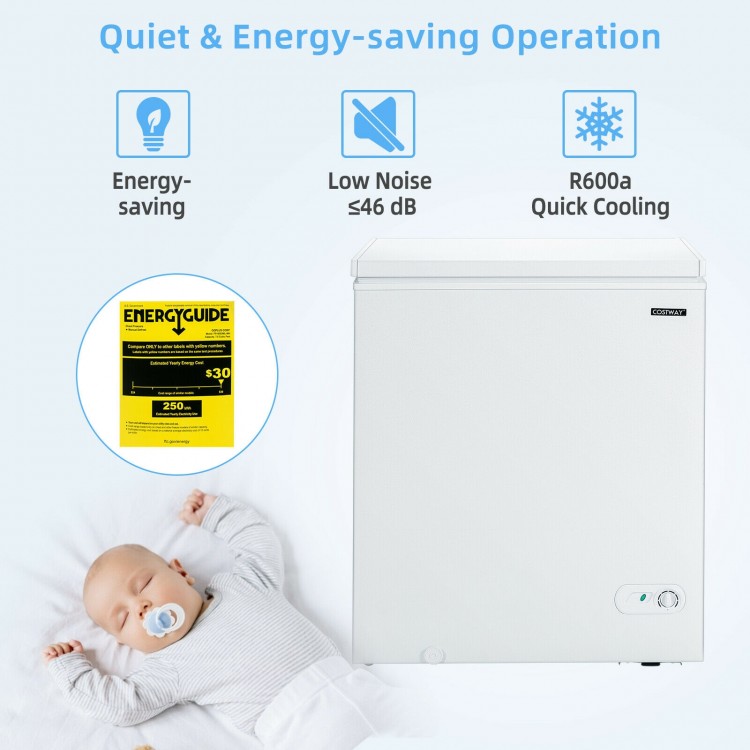5.2 cu.ft chest freezer in white with 3 baskets, ideal for organized frozen food storage in limited spaces.