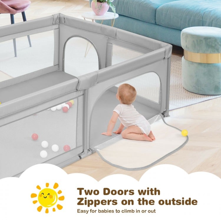 Extra-large gray safety baby fence with two external zippers and 50 ocean balls for secure playtime.