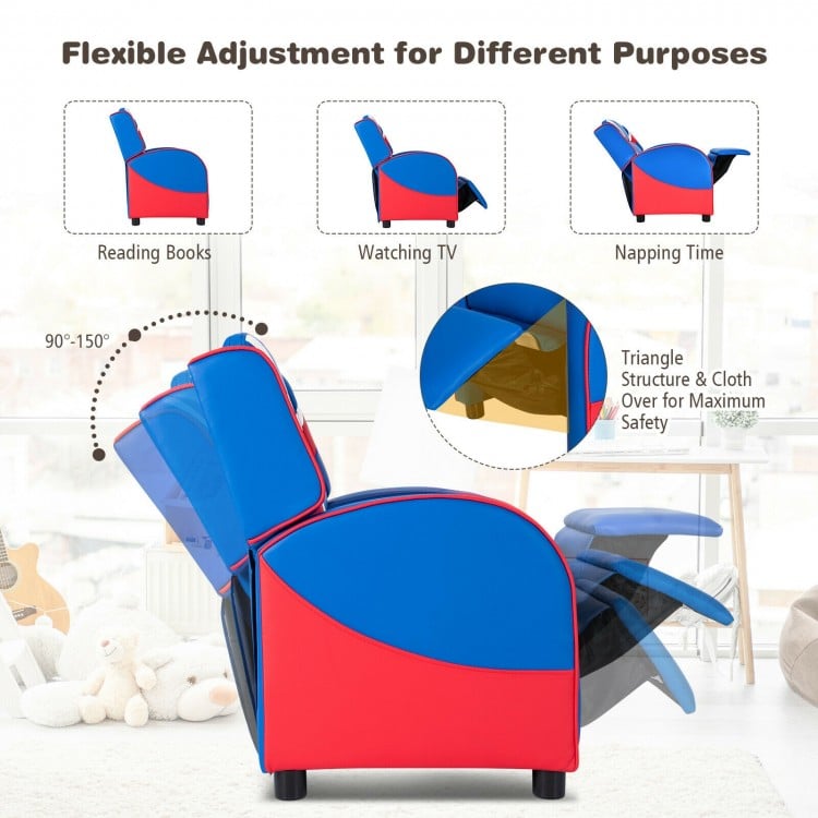 Kids leather recliner chair in blue with adjustable backrest for reading, watching TV, or napping, featuring side.