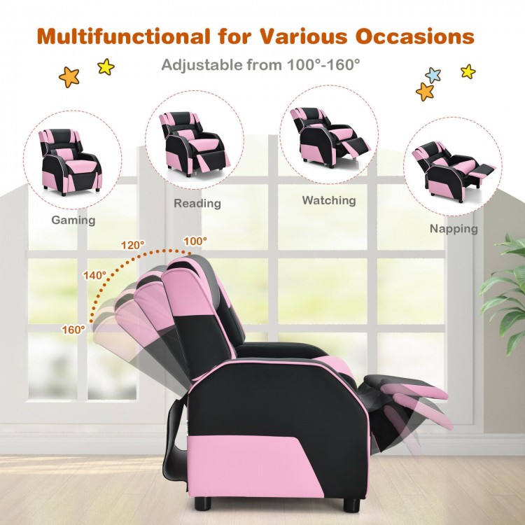 Kids youth PU leather gaming sofa recliner in pink, adjustable backrest and footrest for gaming, reading, and napping.