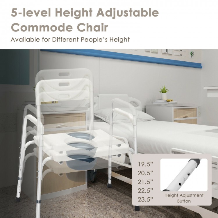Height adjustable bedside commode chair with wide backrest and armrests, suitable for elderly and disabled users.
