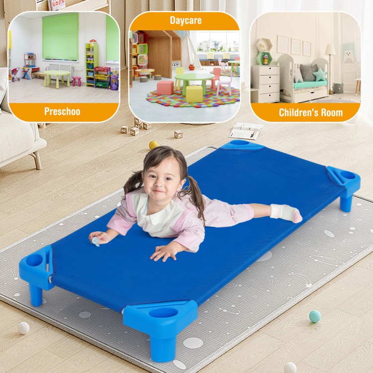 Kids stackable daycare rest mat in blue, featuring a durable design for easy cleaning and comfortable support.