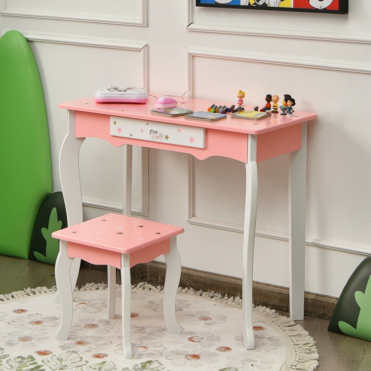 Kids pink vanity table and stool set with tri-folding mirror, star patterns, and durable MDF for play or study.