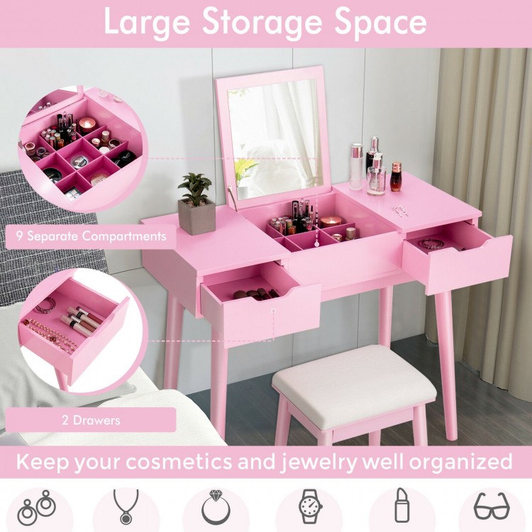 Pink makeup vanity table set with flip-top mirror, 9 compartments, and 2 drawers for organized storage in any bedroom.