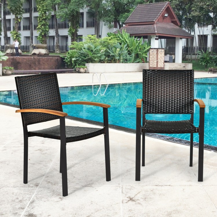 Set of 4 outdoor patio wicker dining chairs with ergonomic armrests, featuring a powder-coated steel frame by the pool.
