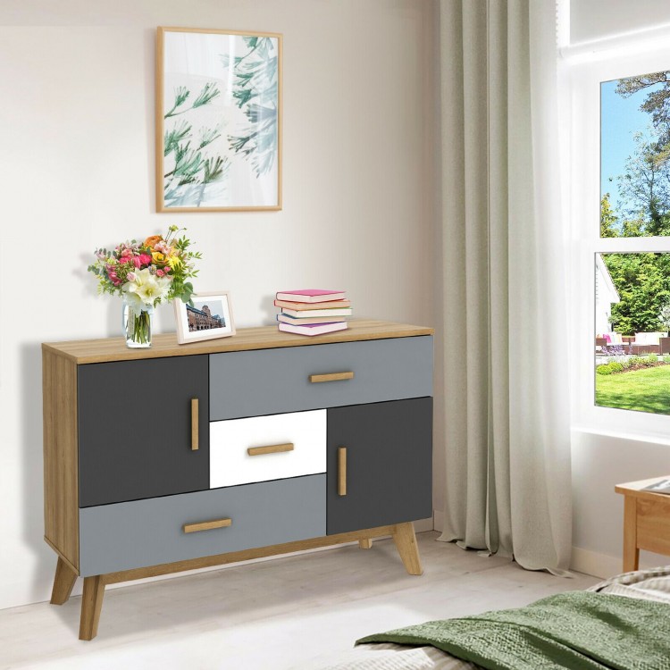 Free-standing storage cabinet with 2 doors and 3 drawers in modern design, ideal for bedroom or living room.
