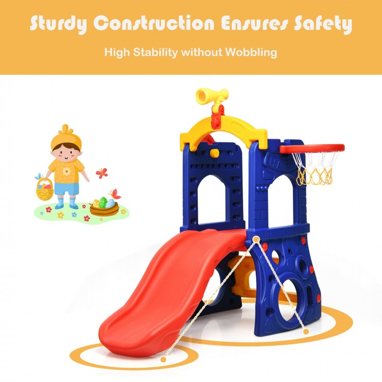 Freestanding kids slide with basketball hoop, made of non-toxic HDPE, designed for safe indoor and outdoor play.
