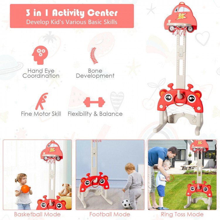 3-in-1 adjustable height kids' playset featuring basketball, football, and ring toss for fun and skill development.