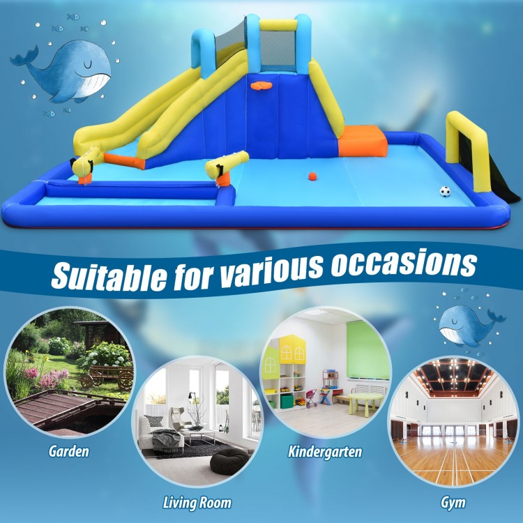Inflatable 6-in-1 water slide jumping house with built-in water guns, perfect for summer fun in the garden or backyard.