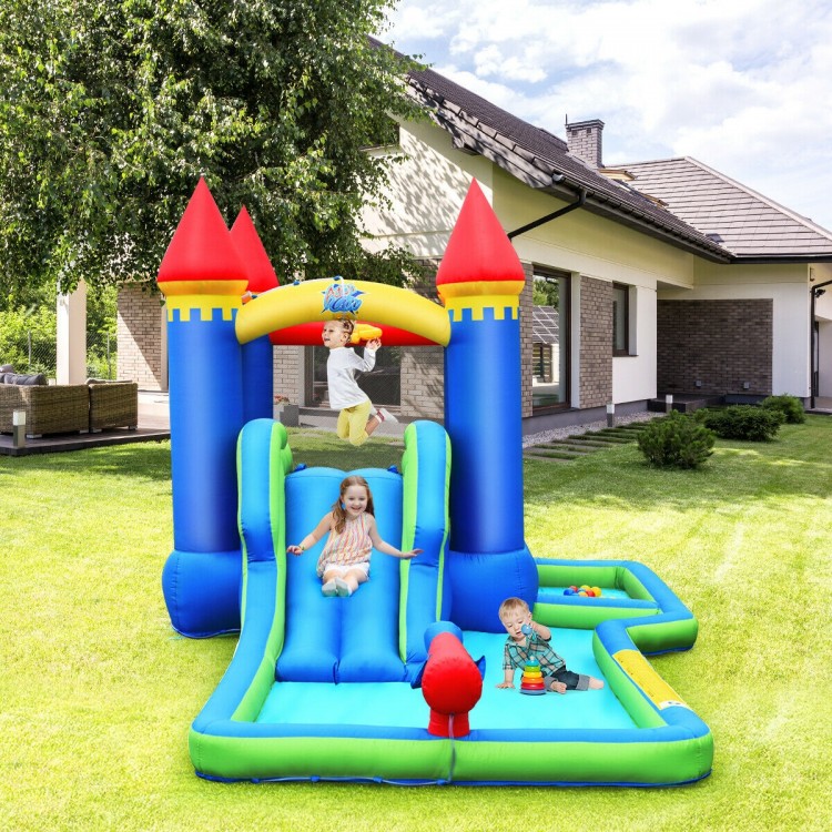 Colorful kids inflatable bounce house water slide with slide, pool, and climbing wall for outdoor fun and playtime.