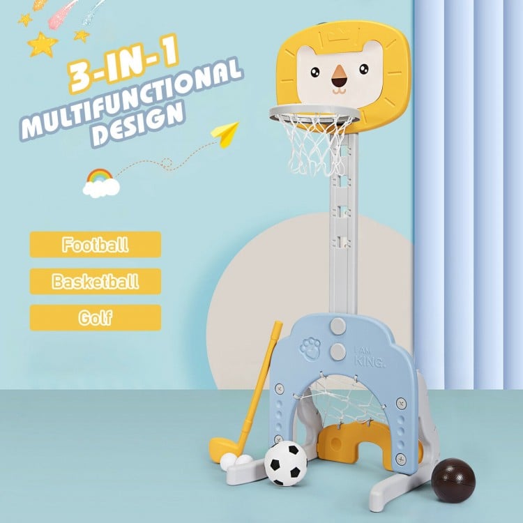 Adjustable 3-in-1 kids sports set in yellow, featuring basketball, soccer, and golf games for ages 2-7, promoting.