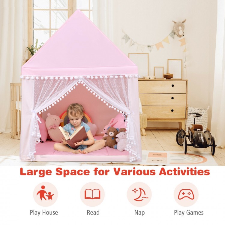 Kids play tent in pink with solid wood frame and thick mat, perfect for indoor and outdoor activities like reading and.