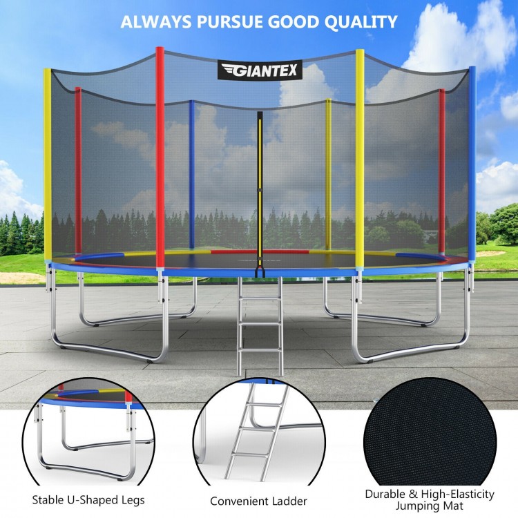 14 feet trampoline with safety enclosure net and ladder, featuring colorful design and stable U-shaped legs for outdoor.