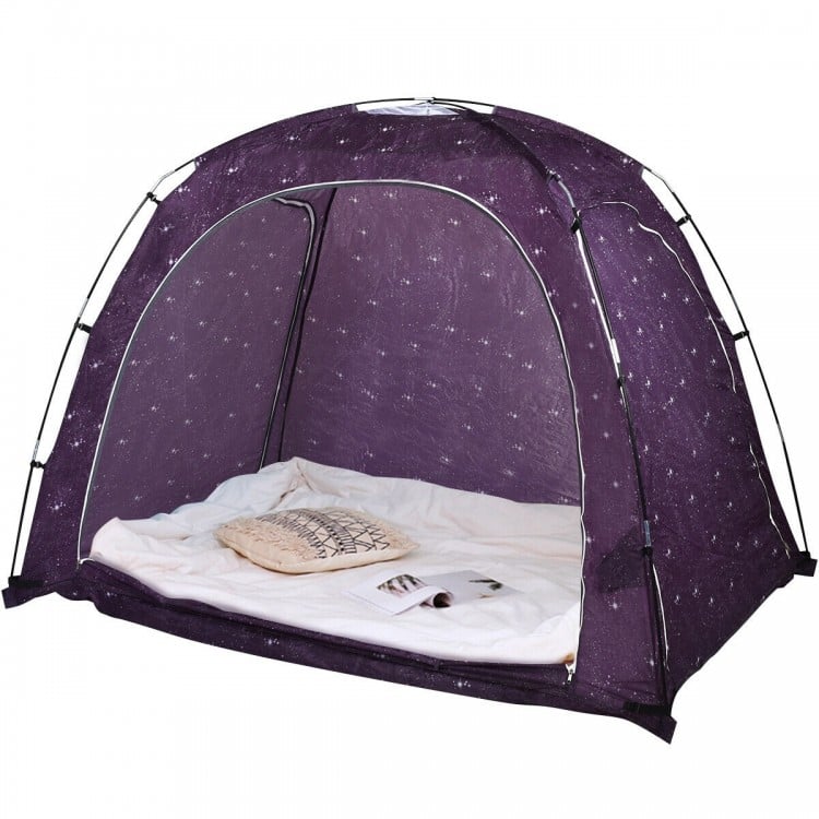 Purple portable indoor privacy play tent with sturdy fiberglass poles and mesh vents, ideal for kids and adults.