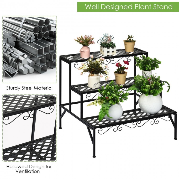 Three-tier metal decorative plant stand with sturdy steel legs, featuring a ladder design for indoor and outdoor use.