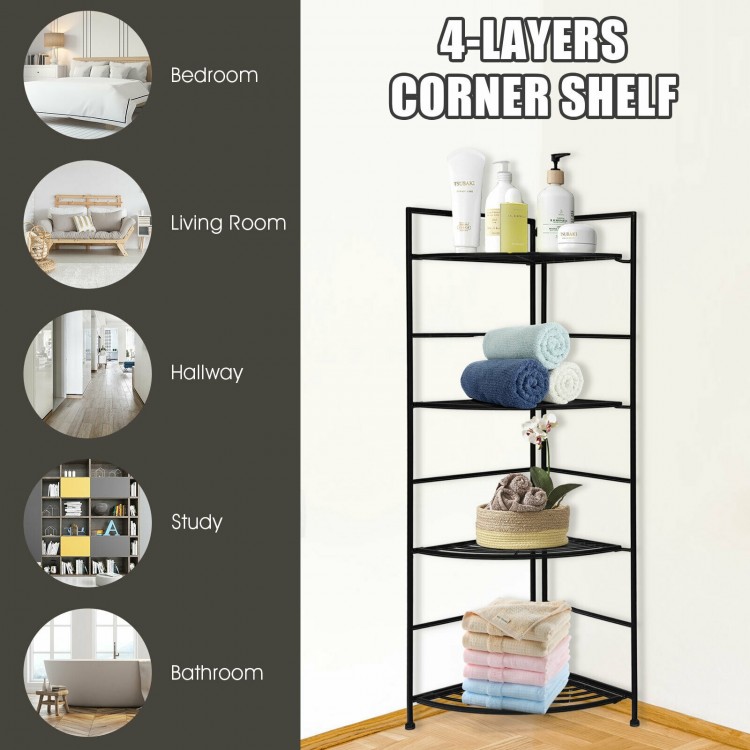 4-layer folding metal shelf in black, ideal for plants or storage, perfect for corners in any room or garden.