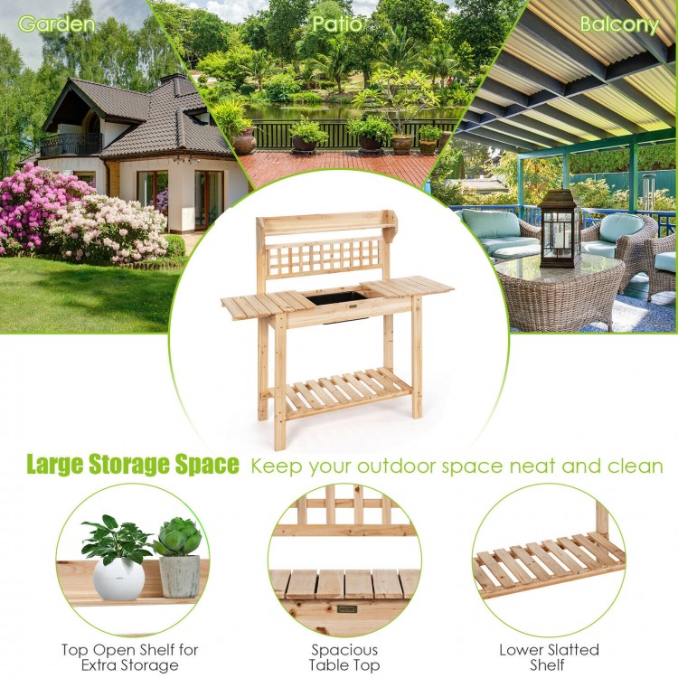 Garden potting bench workstation table in solid fir wood with removable sink, ideal for outdoor gardening tasks.