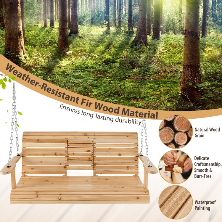 5 feet porch swing chair made of natural fir wood with adjustable chains and foldable cup holders for outdoor comfort.
