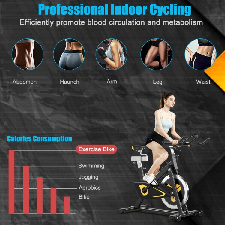 Magnetic exercise bike with adjustable seat and handlebar, featuring a quiet belt drive and 30 lbs flywheel for smooth.