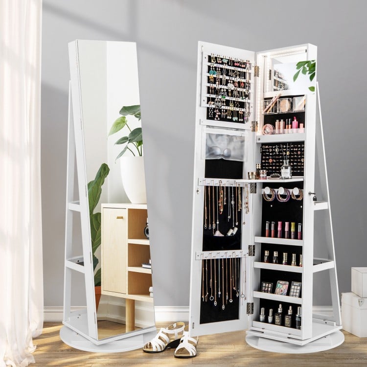 360° rotating mirrored jewelry cabinet armoire in white with LED lighting, lockable door, and ample storage space.