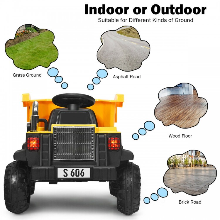 Kids ride-on dump truck in yellow, featuring an electric bucket, suitable for various surfaces like grass and asphalt.
