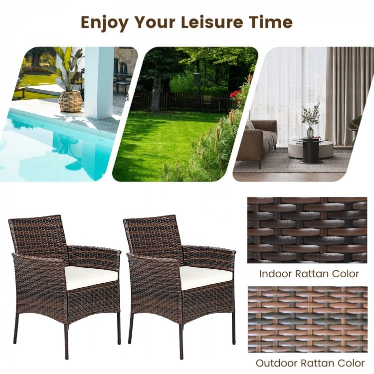 Set of 2 outdoor PE rattan armchairs with removable waterproof cushions, perfect for patio or garden relaxation.
