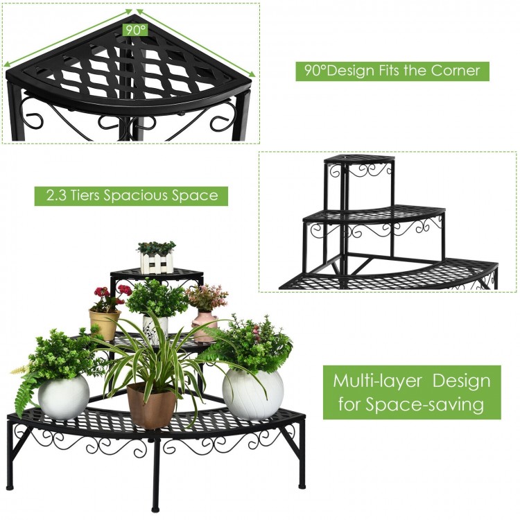 Three-tier metal corner plant display rack with durable frame, spacious design, and decorative lace, ideal for.