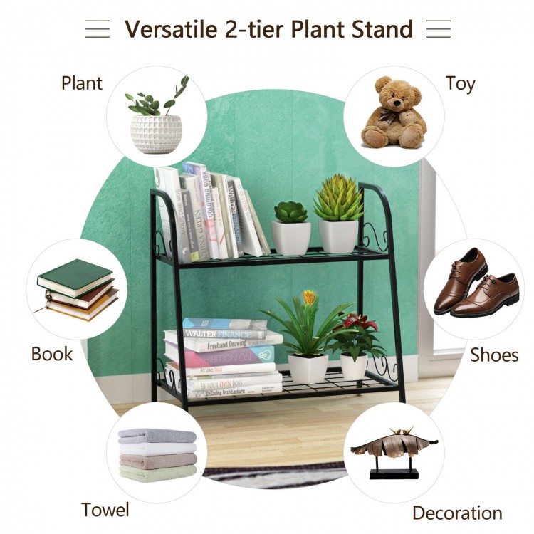 2-tier metal plant stand with a sturdy steel frame, ideal for storing plants, books, and decorations in any room.