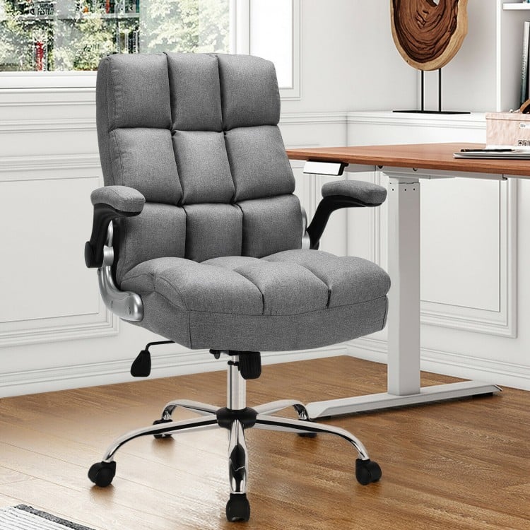 Adjustable gray swivel office chair with high back, flip-up armrests, and ergonomic design for home or office use.