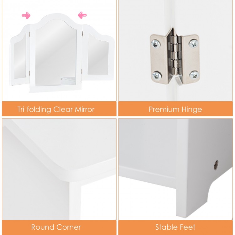 Tri-folding mirror with premium hinge and round corners, designed for kids' vanity table set in white for safe use.
